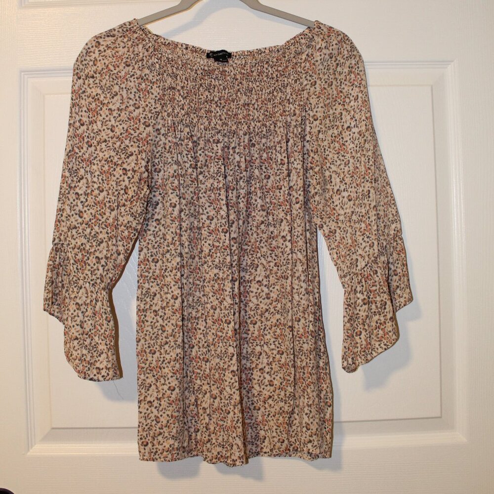 New Directions floral-print smocked‎ boat neck 3/4 flare cuff sleeve blouse M